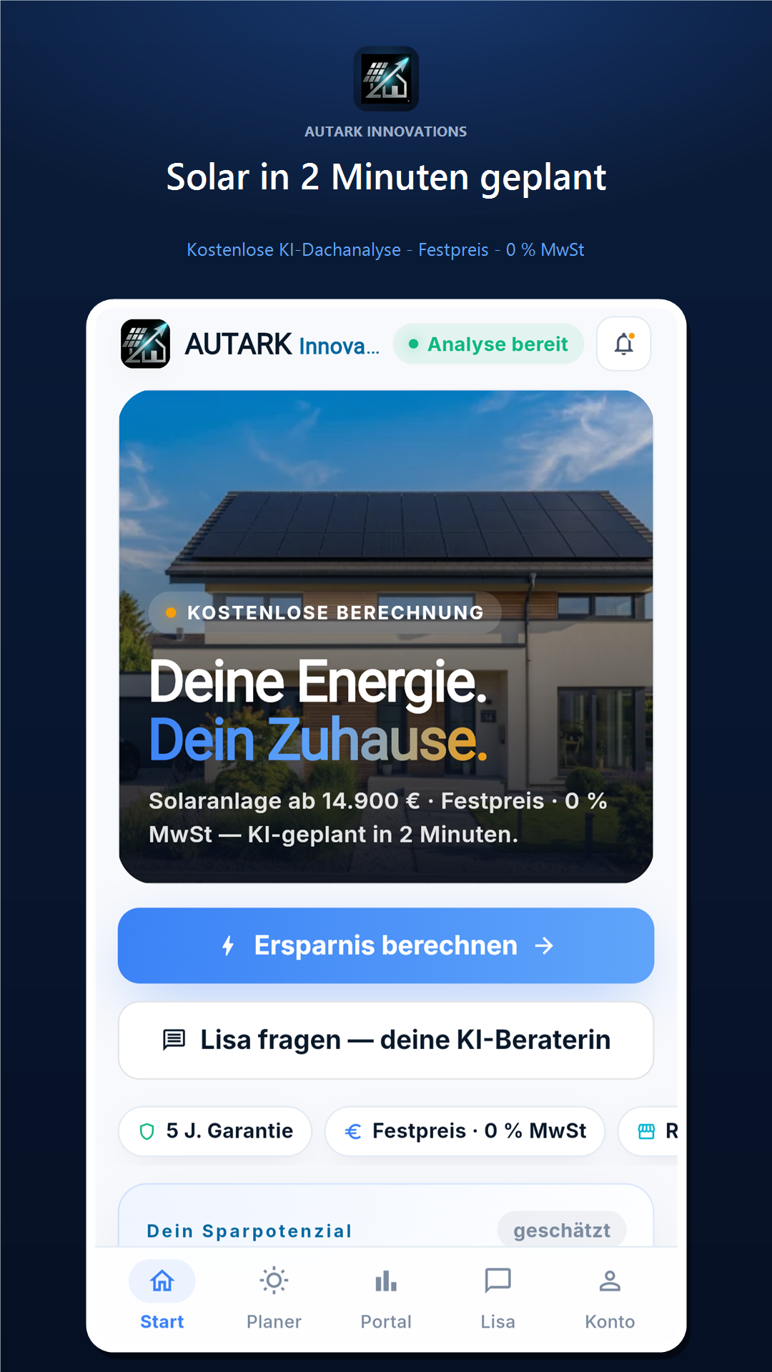 Startbildschirm der Autark-App